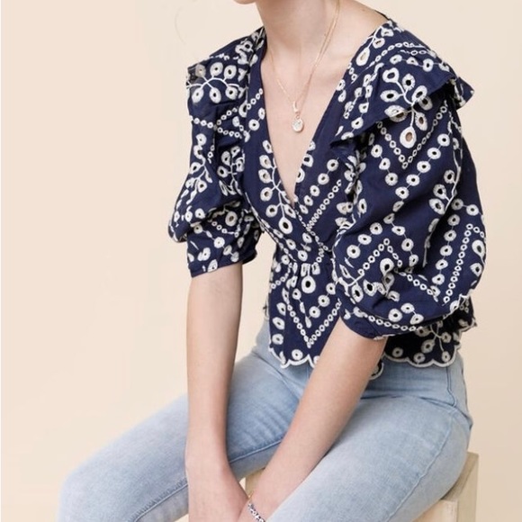 NWT Francesca’s Blue Tanya Eyelet Ruffle Blouse - Picture 3 of 10